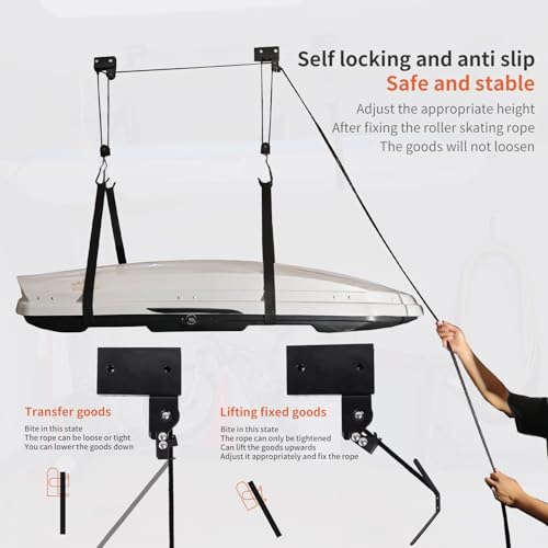 2026 Upgrade Cargo Box Garage Pulley System, Heavy-Duty Aluminum Ceiling Hoist, 125 lbs Capacity Overhead Storage Lift for Cargo Box, Kayak, Ladder, Bike, Black, Fits 10-18ft Ceilings