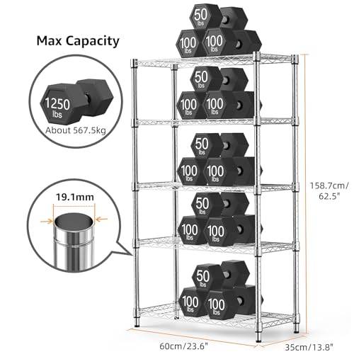 M MZG 1250 lbs Steel Heavy Duty 5-Tier Utility Shelving Unit Steel Organizer Wire Rack for Home,Kitchen,Office,Chrome (13.7" D x 23.6" W x 62.4" H)