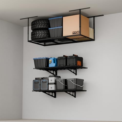 FLEXIMOUNTS Garage Storage Bundle – 2-Pack 2x4ft Wall Mounted Floating Shelves 24"x48"& 3x6ft Adjustable Overhead Ceiling Rack 72"x36"x40", 450lbs Capacity, Black