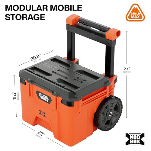 Klein Tools 54100MBX MODbox Rolling Tool Box, Heavy Duty Portable Tool Organizer with Side Mounting, 10-Inch Rubber Wheels, Removable Handle, Deep Stackable Set