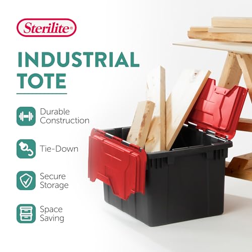 Sterilite 6-Pack 12 Gallon Hinged Lid Industrial Tote, Heavy-Duty Plastic Organizer - Stackable Multipurpose Home Storage Bins with Contoured Handles for Garage, Basement or Attic Organization