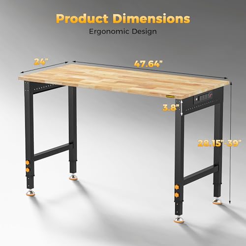 CAMMOO 48 Inch Adjustable Workbench 2000 LBS Capacity, Power Strip, Solid Rubber Wood Top, Heavy Duty Craft Work Table for Home, Garage, Workshop, and Office