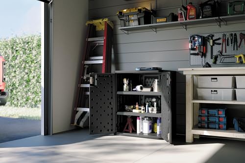 Suncast Base Storage Cabinet for Garage Organization - 9 Cu. Ft. Lockable 2-Shelf Organizer for Garden Supplies, Paint Cans & Outdoor Tools, Multi-Wall Resin Construction, Black