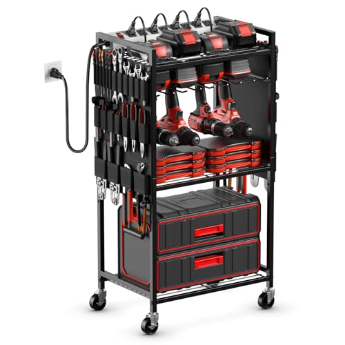 JUNNUJ Large Power Tool Organizer Cart with Charging Station, Garage Floor Standing Rolling Drill and Tools Battery Storage Cart on Wheels, Heavy Duty Rack Shelf with 8 Outlet Power Strip, Black