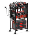 JUNNUJ Large Power Tool Organizer Cart with Charging Station, Garage Floor Standing Rolling Drill and Tools Battery Storage Cart on Wheels, Heavy Duty Rack Shelf with 8 Outlet Power Strip, Black