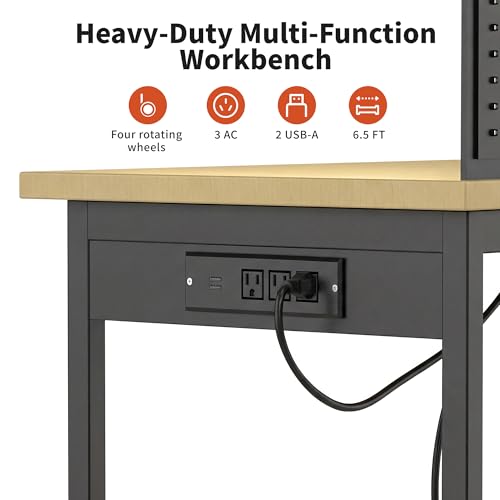 60" Adjustable Height Workbench,9-Level Heavy Duty Work Table with Storage Shelf Pegboard LED Light & Built-in Power Strip, 2010 lbs Load Capacity Rolling Tool Bench for Garage Workshop