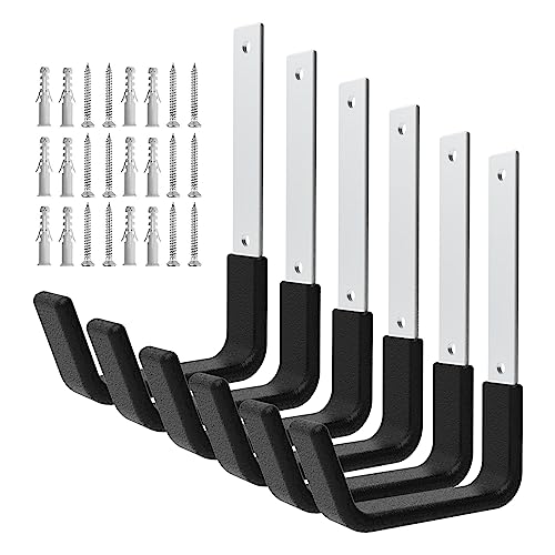 Juformin Heavy Duty Utility Hooks - Wall Mount, Hooks for Garage, Hose, Bike, Ladder, Leaf Blower Hanger (6 Medium)