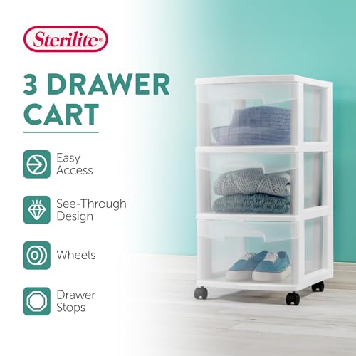 Sterilite 4 Pack Plastic Storage Organizer, 3 Drawer Rolling Bin Cart, Closet Organization, White