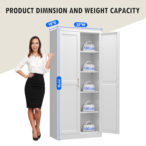 Polup White Kitchen Pantry Cabinet, 71 Inch Tall Metal Storage Cabinet with Doors and Shelves, Pantry Cabinets for Kitchen Storage, Freestanding Cupboard for Living, Dining Room, Assemble Required