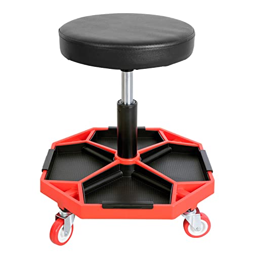 Torin ATRXF8308B Pneumatic Mechanic Stool/Rolling Shop Creeper Seat with Adjustable Height and 4 Removable Tool Trays, 300 lb Capacity, Black/Red