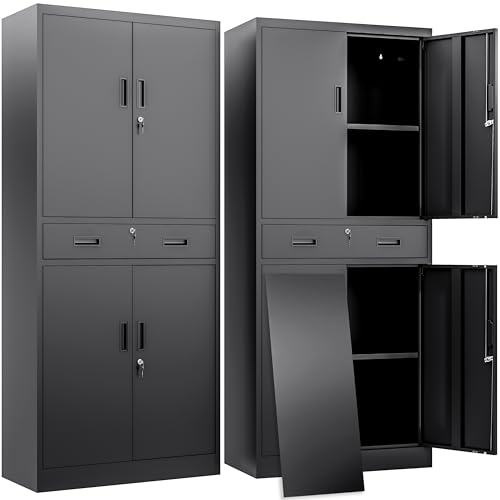BESFUR Metal Storage Cabinet with a Drawer 4 Doors and 2 Adjustable Shelves Garage Storage Cabinet with Lock 71" Office Storage Cabinets Locking Cabinets for Garage Office Shop Home (Black)