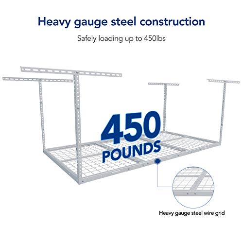 FLEXIMOUNTS 3x6 Overhead Garage Storage Adjustable Ceiling Storage Rack with 2-Pack 1x4ft 12-inch-by-48-inch Wall Shelf, 450lbs+300lbs Capacity,White