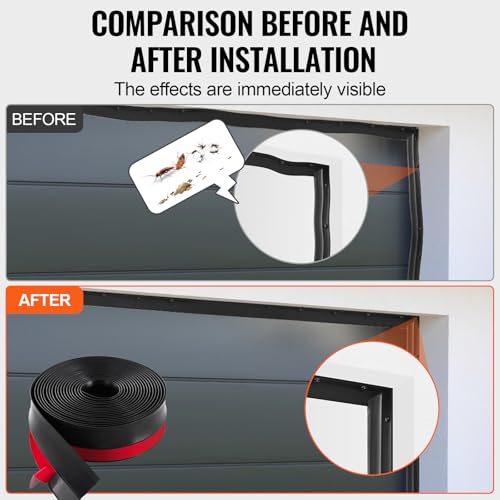 VEVOR Garage Door Seal Top and Sides Seal Strip, 20 FT Universal Weather Stripping Replacement Soft and Hard Composite, Weatherproofing Garage Door TPE Seals with Adhesive Backed and Screws, Black