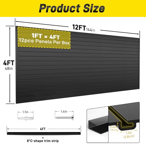 Avalution Slat Wall Paneling,4x12 ft PVC Garage Slat Wall Storage Systems,Black Slatwall PVC Wall Panels Wall Mounted,Heavy Duty Slatwall Panel Garage Storage Organization for Garage Workshop Storage