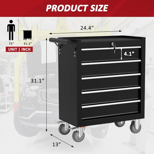 Kieperi 5 Drawers Rolling Tool Chest with Wheels, Portable Rolling Tool Boxes with Wheels, Tool Box Storage Cabinet with Locking System for Garage (Black, 5 Drawers)