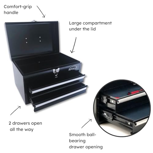 Apollo Tools 14 Inch Steel Tool Box with Deep Top Compartment and 2 Drawers in Heavy-Duty Steel With Ball Bearing Opening and Powder Coated Finish Black