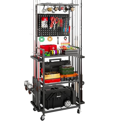 SEEAHEAD Fishing Rod Holders for Garage, Fishing Rod Storage Rack with Hooks & Wheels, Fishing Pole Holder Organizer, Tackle Box & Reel Storage Black