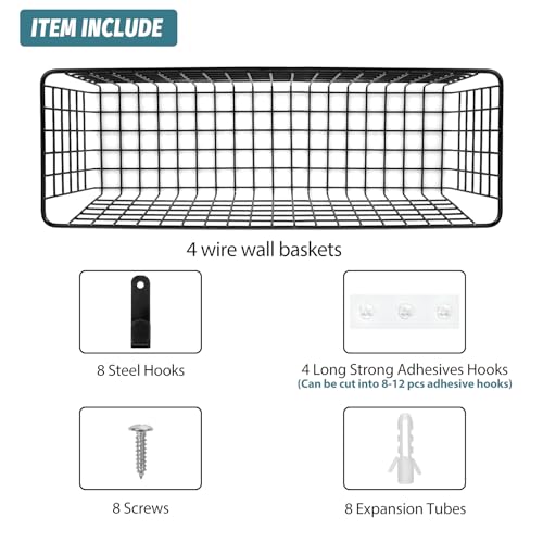 4 Set [EXTRA LARGE] Hanging Wall Mount Storage Baskets with Adhesive Hooks & Steel Hooks, Multiuse Sturdy Wire Metal Organizing Baskets for Home Kitchen Bathroom Pantry Utility Organizer, Black