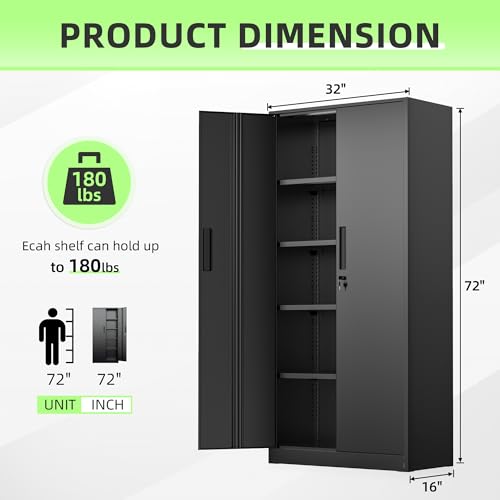 INTERGREAT Black Metal Storage Cabinet, 72" Locking Steel Cabinets with 2 Door and 4 Adjustable Shelves, Tall Metal Cabinet for Home Office, Garage, Warehouse