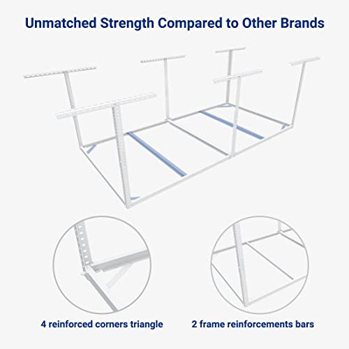 FLEXIMOUNTS 4x8 Overhead Garage Storage Rack without Decking,plus 2-Pack Add-On Storage Utility Hook Accessory,600lbs Weight Capacity, White