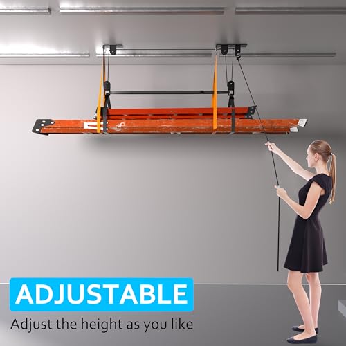 KOSEOO Ceiling Ladder Hoist, Heavy Duty Pulley System for Garage Storage, Ladder Hanger Hold Up to 150 lbs Capacity for Kayak, Cargo Box, Canoe, Bike Lift, Fit 10-18 Foot Ceilings, Black