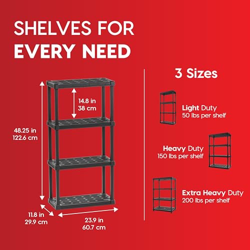 IRIS USA 4-Shelf Light Duty Plastic Storage Shelves, 200lb Capacity, 48" H x 24" W x 12" D, Medium Modular Shelving Unit Storage Organizer for Bathroom, Laundry, Garage & Home, Storage Rack - Black