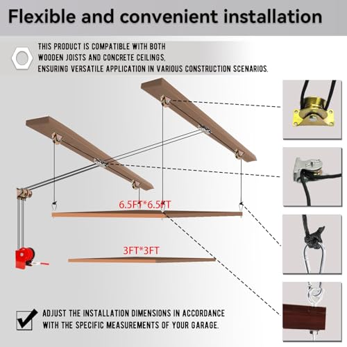 Adjustable Overhead Garage Storage Lift – Heavy-Duty Ceiling Hoist System with Hand Crank, 300 lbs Capacity, Space-Saving Garage Organizer, Easy Installation