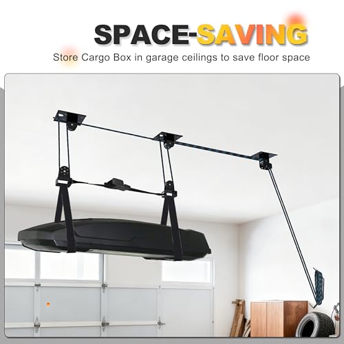 Hikeen Ceiling Hoist for Cargo Box, Heavy Duty Garage Storage Lift Pulley System Holds Up to 150 lbs Capacity, Fits 10-14 Foot Tall Garage Ceilings
