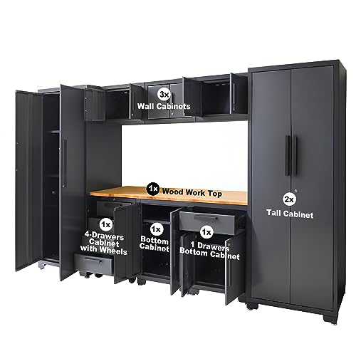 Torin APK112B Garage Storage System: Heavy-Duty 9-Piece Cabinet Set with Worktop, Adjustable Shelves, and Secure Lockable Doors, Black/Grey
