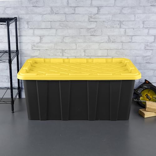 Sterilite 38 Gal Industrial Tote, Stackable Storage Bin with Snap-Fit Lid for Garage, Basement & Attic Storage, Black Base and Yellow Lily Lid, 4-Pack