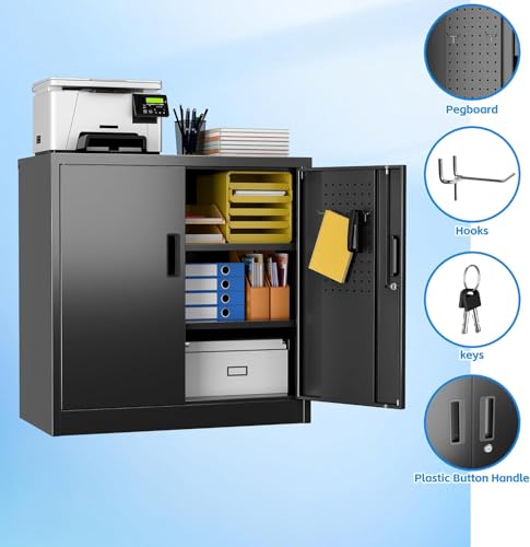 JAORD Metal Storage Cabinet with 2 Lockable Doors and 2 Adjustable Shelves, Locking Garage Storage Cabinet with Pegboard, Small Metal Cabinet with Lock for Garage, Home, Black, Assembly Required