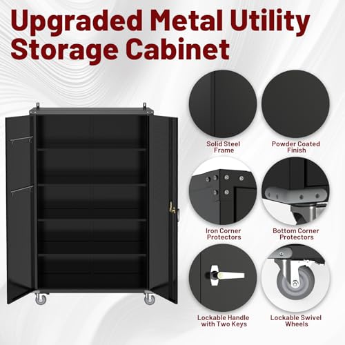 Reykilor Tall & Wide Metal Garage Storage Cabinet with 4 Adjustable Shelves, 43''W x 22''D x 72''H with Wheels & Pegboards, Heavy Duty Lockable Garage Cabinet for Warehouse, Basement, Office, Gym