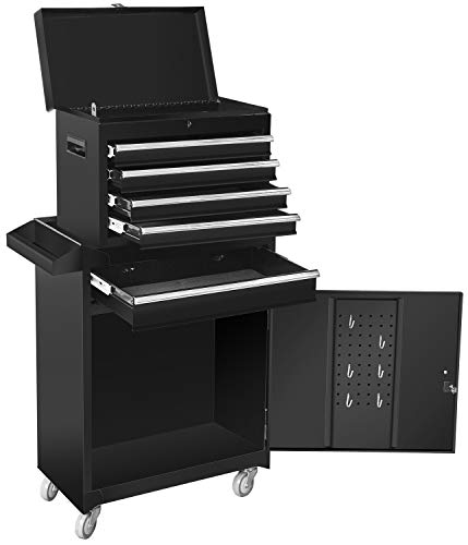 Road DAWG ATBT1204D-BLACK Torin Rolling Garage Workshop Tool Organizer: Detachable 4 Drawer Tool Chest with Large Storage Cabinet and Adjustable Shelf, Black