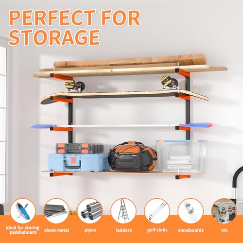 Mogbhw 4 Pack Lumber Storage Rack, Wall Mount Foldable & Adjustable Lumber Rack with 8-Level Holds Up 1040 Lbs, Heavy Duty Metal Garage Wood Rack for Workshop, Basement, Indoor and Outdoor