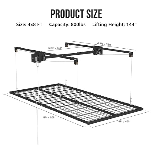 ExploreHorizon 4x8 FT Overhead Garage Lifting Storage Rack, 800 lbs Capacity & 12FT Lifting, Heavy-Duty Metal Garage Ceiling Rack, Dual Mode Lifting, Adjustable Storage System with Safety Lock