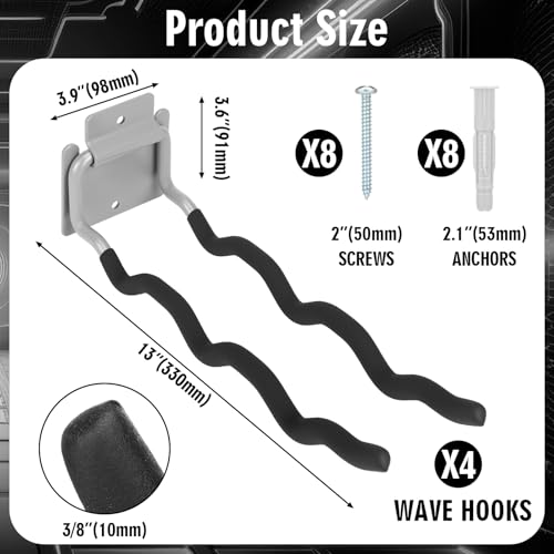 MorningRo 4 Pack Garage Hooks Heavy Duty 12" Ladder Hanger Wave Wall Mount Hanger Foldable Garage Storage Utility Hooks for Car Tires Ladder Shovels Chairs Power Tools Garden Tools Organization