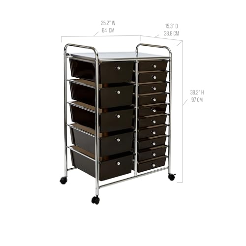 Seville Classics Rolling Utility Organizer Storage Cart , for Home Office, School, Classroom, Scrapbook, Hobby, Craft, 15 Drawer, Black