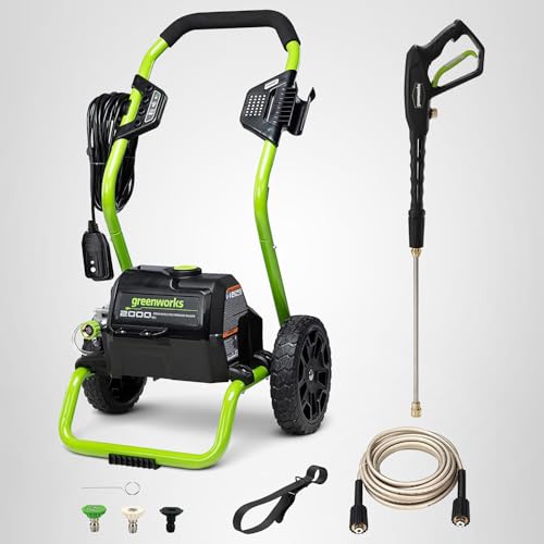 Greenworks 2000 PSI (1.1 GPM Max) Electric Power Washer (25°, 40°, Soap Nozzle) For Use On Decks, Fences, Concrete Patios, Sidewalks & More. Medium-Duty
