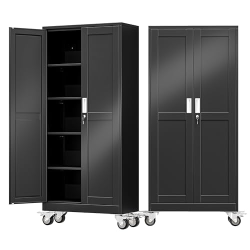 AUEYTVR 71" Metal Garage Storage Cabinet with Wheels and Locking Doors and Tall Rolling Steel Tool Cabinet with 4 Adjustable Shelves for Garage,Home,Office,Shop (Black, 71''H x 30''W x15''D)