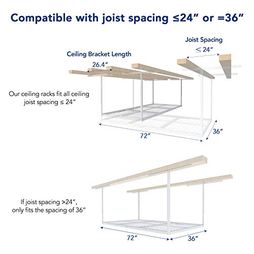 FLEXIMOUNTS 3x6 Overhead Garage Storage Adjustable Ceiling Storage Rack with 4-Pack Add-On Storage Flat Hook Accessory, 72" Length x 36" Width x 40" Height Storage Rack, White