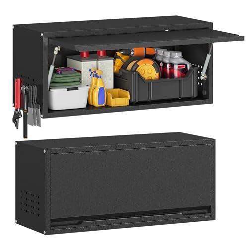 Firstsky Metal Garage Wall Cabinet with Up-Flip Door,Wall-Mounted Steel Storage Cabinet, Float Tool Cabinet with Pegboard,Upper Cabinet for Kitchen,Garage,Workshop,Warehouse(13.8" H,Black)