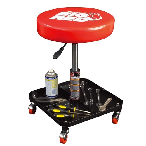 BIG RED TR6350 Torin Rolling Pneumatic Creeper Garage/Shop Seat: Padded Adjustable Mechanic Stool with Tool Tray Storage, Red Large
