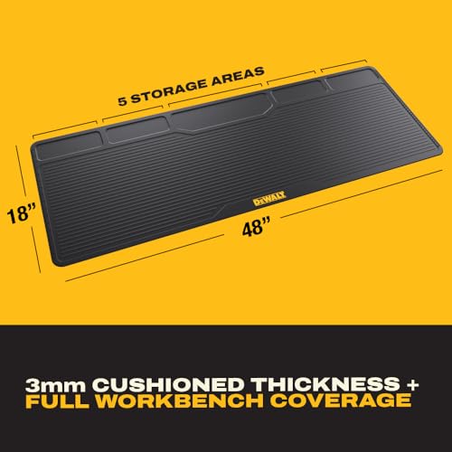 DEWALT Workbench Mat 18x48 in – Heavy Duty 3mm Silicone Work Bench Mat with SAE & Metric Rulers, Oil Heat Chemical Resistant, Non-Slip Grip, Built-in Parts Slots, Workbench Protector Mat, Black