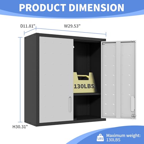 BIZOEIRON Garage Wall Mounted Storage Cabinet with Doors and Shelves, Lockable Metal Wall Cabinet, Hanging Tool Cabinet for Garage Utility Room (Black & Grey)
