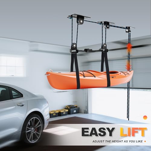 Hikeen Kayak Hoist for Garage Ceiling, Heavy Duty Kayak Pulley System, Hold Up to 150 lbs Capacity, Cargo Box Storage, Garage Organization Lift System Fit 10-14 Foot Ceilings