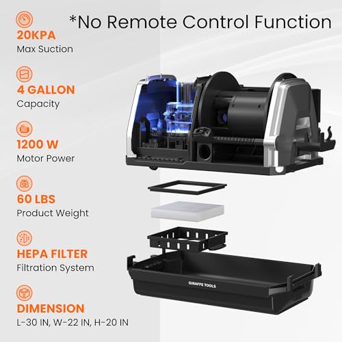 Giraffe Tools Grandstorm Wet Dry Vacuum Cleaner with 6 Nozzles, 30 FT Retractable Hose Wall Mounted Vacuum Cleaner for Car Detailing, Grey（No Remote Control Funtion）