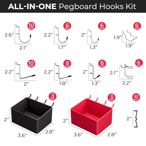 INCLY 126PCS Peg Board Organizer Accessories Kit, Pegboard Hooks Assortment with 6 Bins for Organizing Various Tools, Fit 1/8 or 1/4 inch Pegboard for Hanging Storage, Garage, Workbench, Craft Room