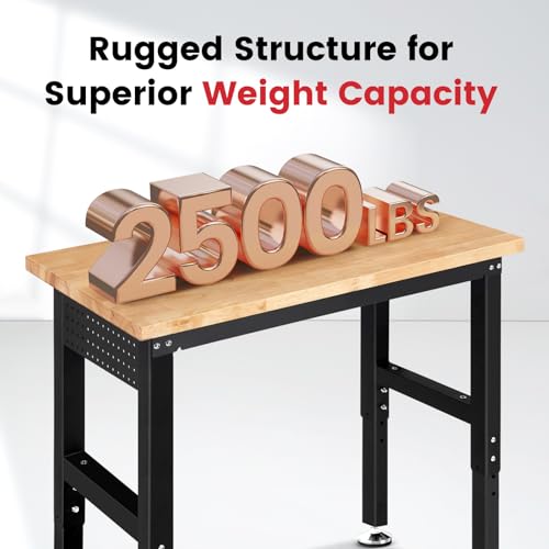 ENJOYWOOD 48" x 20" Adjustable Height Workbench Heavy Duty Rubberwood Work Table with Pegboard & Power Outlets for Garage, Workshop, Home & Office