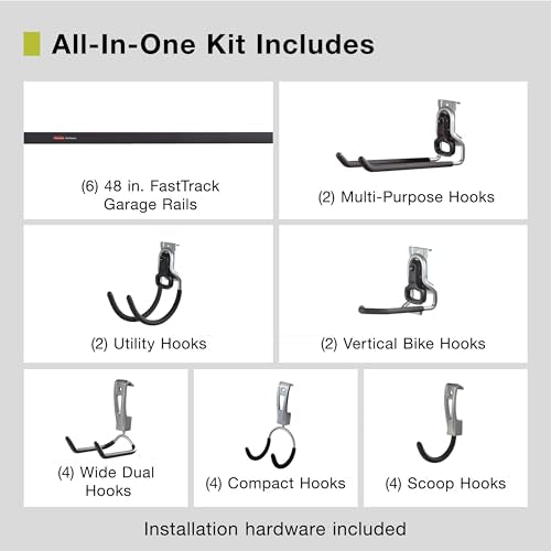 Rubbermaid 24-Piece FastTrack Garage Wall-Mounted Storage Kit, 6 Rails and 18 Hooks, Black, for Home/House/Tool/Sports/Equipment/Utility Purposes