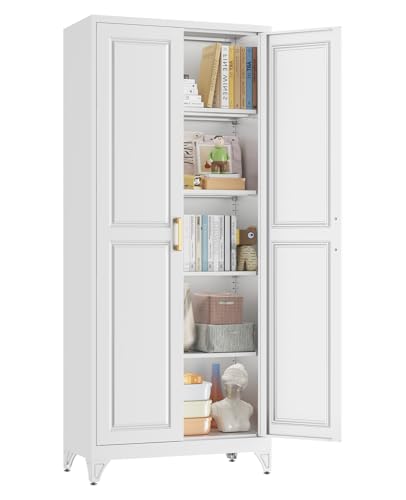 75" Tall Metal Storage Cabinet with 2 Doors and 4 Adjustable Shelves, Heavy Duty Steel Pantry Cabinet for Home Office, Kitchen, Garage and Laundry Room, White